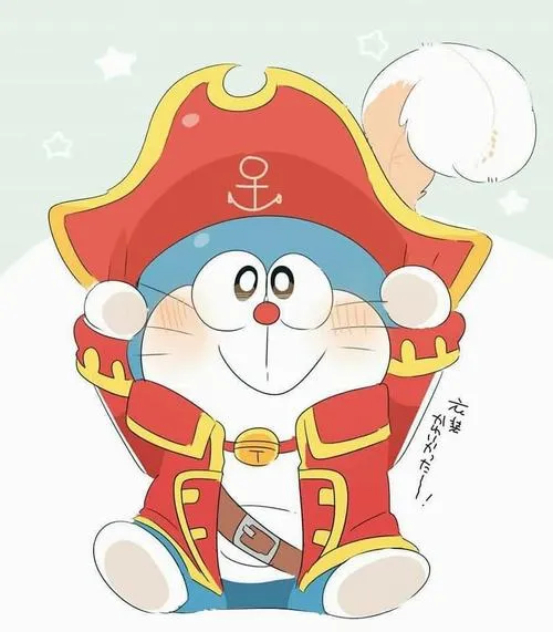 Ảnh anime Doraemon hóa thuyền trưởng, cười tự tin, dáng ngồi bệ vệ nhìn vừa ngầu vừa cute.