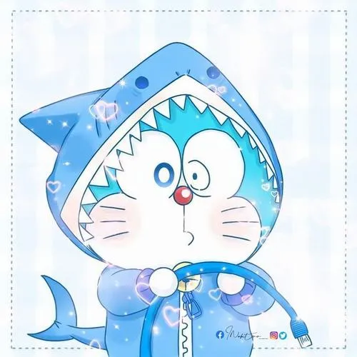 Hình Doremon mặc áo cá mập, mắt trố vì bất ngờ, biểu cảm hoang mang mà buồn cười.