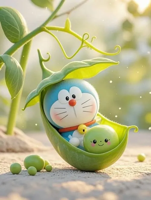 Hình Dora ngủ trong quả đậu, mắt nhắm yên, miệng mỉm nhẹ như đang mơ chuyện vui.