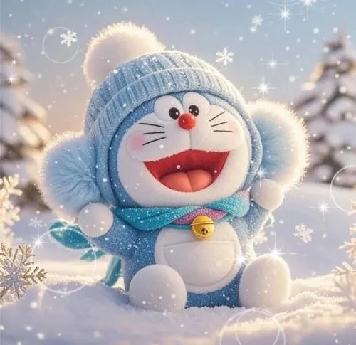 Hình Doraemon đội mũ lông, cười sảng khoái, miệng há lớn giữa tuyết trắng lấp lánh.