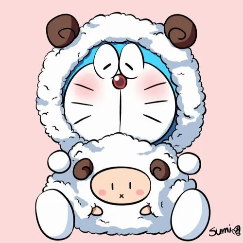 Hình Doraemon mặc đồ thú trắng, mặt phụng phịu, mắt rơm rớm kiểu dỗi nhẹ đáng yêu.