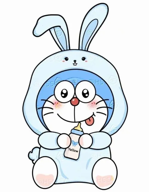 Hình nền điện thoại Doremon đội mũ thỏ, đứng ngay ngắn, mắt tròn bối rối nhìn siêu ngoan.