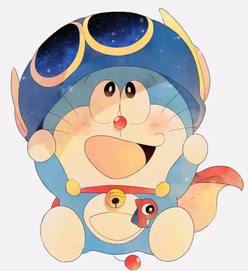 Hình Doraemon đeo kính phi công, cười phấn khích, đôi má ửng hồng như sắp bay vút lên.