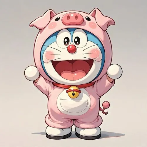Tải ảnh Doraemon mặc đồ heo, cười to hết cỡ, mắt sáng rực kiểu vui không kìm được.