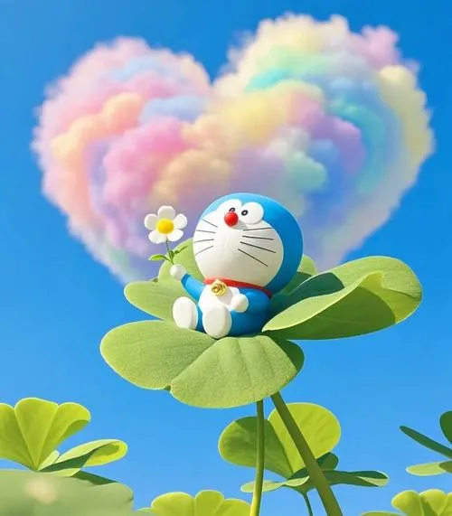 Ảnh đẹp Đô Rê Mon cười há miệng, mắt cong vui sướng, dáng đứng phấn khởi cực lây.