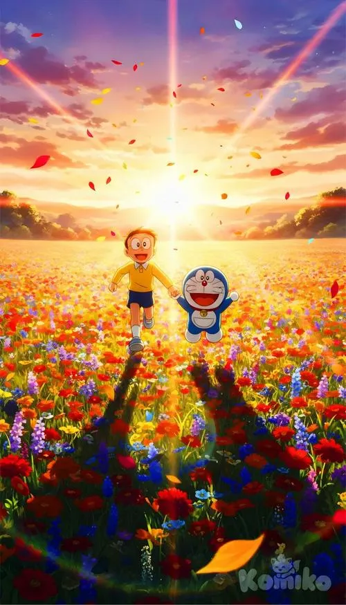 Ảnh anime Nobita dang tay trước hoàng hôn đồng hoa, mèo ú đứng cạnh, vibe tự do