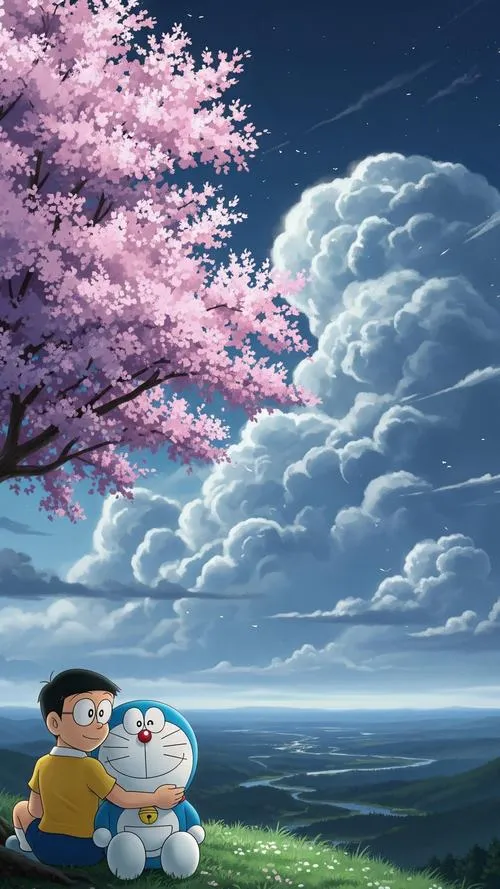 Hình bìa Doraemon ngồi bên biển trăng, mây dày và cây hoa tím, yên tĩnh dễ chịu