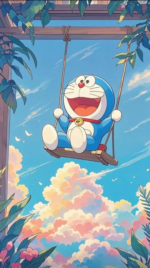 Hình nền điện thoại Doraemon đứng giữa trời mây hồng, ánh nắng loang, cảm giác nhẹ tênh