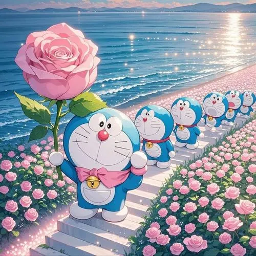 Ảnh fanart Đô Rê Mon ôm hoa hồng, lối đi toàn hoa nở, tông hồng ngọt, rất thơ