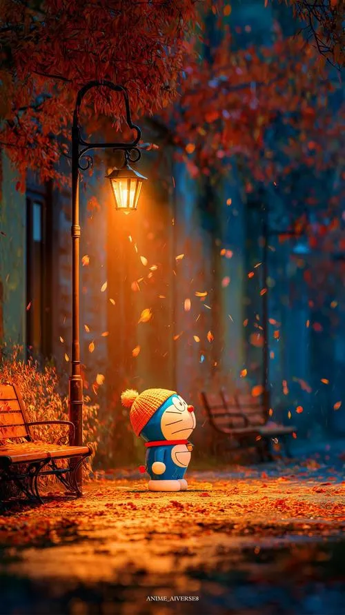 Hình anime mèo máy tương lai bước trong phố lá đỏ, đèn đường ấm, không khí điện ảnh