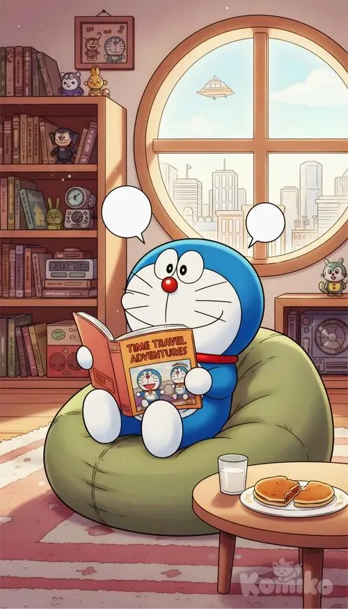 Hình nền Doraemon ngồi ghế êm cạnh cửa sổ, phòng ấm áp, hợp ngày lười ở nhà