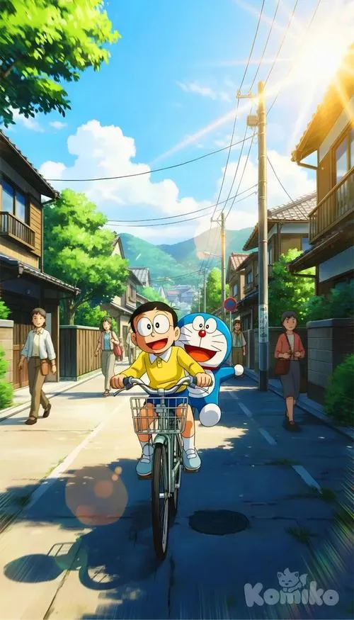 Ảnh bìa Doremon chạy cùng Nobita trên con hẻm nắng sớm, bóng đổ dài, rất sống động