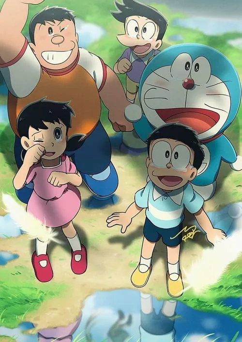 Hình đẹp Doraemon và nhóm bạn ôm nhau cười lớn, kiểu ảnh kỷ niệm, hợp làm avatar chung
