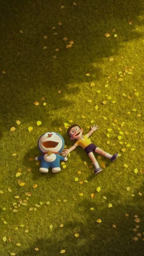 Ảnh fanart mèo ú và bạn nhỏ nằm trên thảm rêu, góc chụp xa, cảm giác bình yên