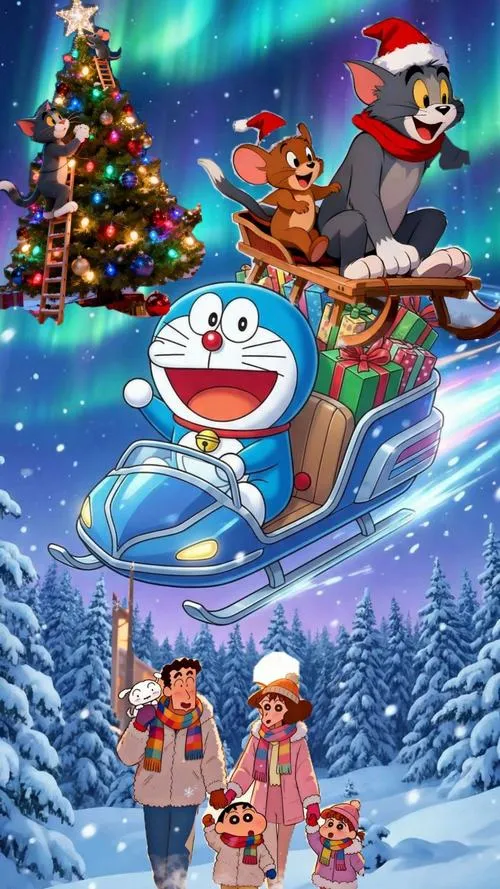 Hình nền điện thoại Doraemon đội mũ Noel, trượt băng cùng bạn bè, màu lạnh vui mắt