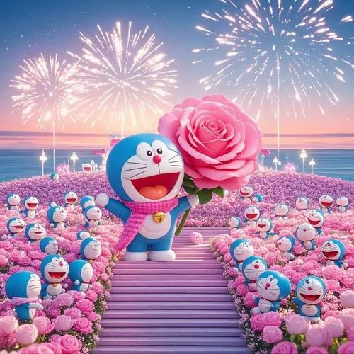 Hình nền đẹp Doraemon giữa pháo hoa, cầm hoa hồng nổi bật, tông tím hồng lấp lánh