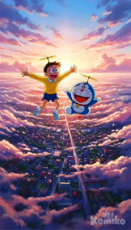 Ảnh bìa Doraemon và Nobita leo lên bầu trời ráng đỏ, mây tầng lớp, cảm giác phiêu lưu