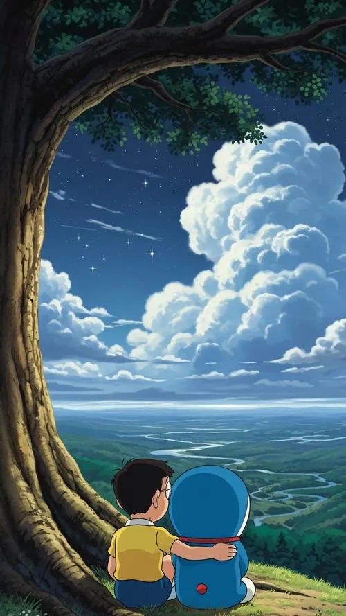 Hình nền Dora cùng Nobita ngồi dưới gốc cây nhìn ra biển, mây trắng dày, cảm giác rộng