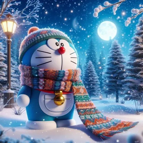 Hình nền đẹp Doraemon quàng khăn đứng giữa tuyết, đèn đường vàng, trăng tròn, lạnh mà ấm