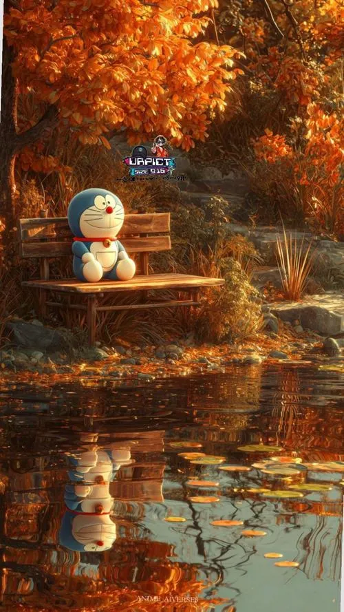 Ảnh fanart Đô Rê Mon bên dòng nước mùa thu, lá vàng phản chiếu, cảm giác hoài niệm