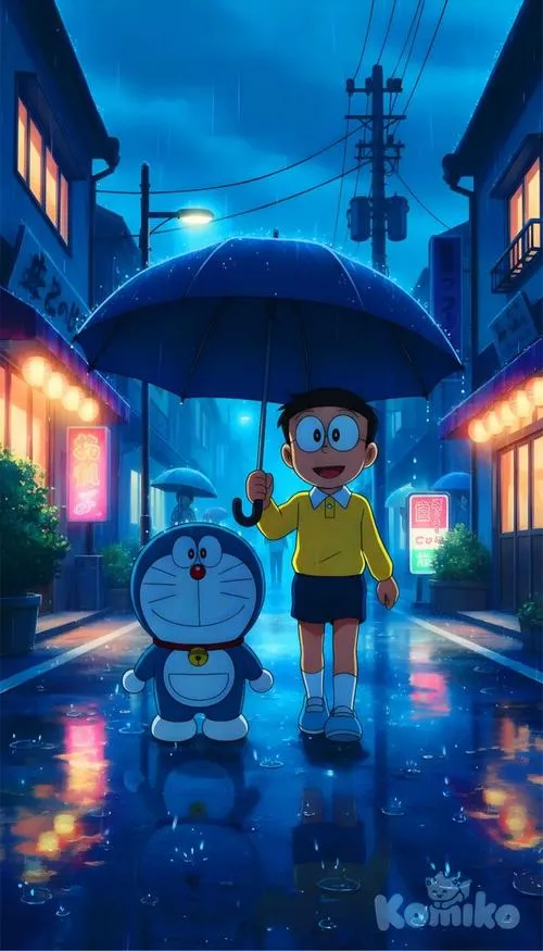 Ảnh bìa Doraemon che ô giữa phố đêm xanh, ánh đèn phản nước mưa, vibe ngầu vừa đủ