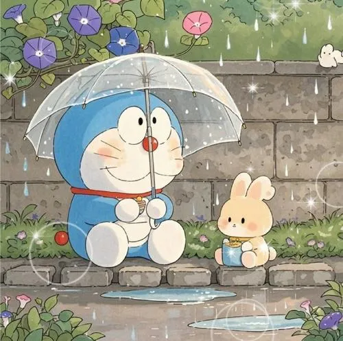 Hình nền điện thoại Dora cầm ô đi cùng thỏ nhỏ, mưa lất phất, đường phố dịu dàng