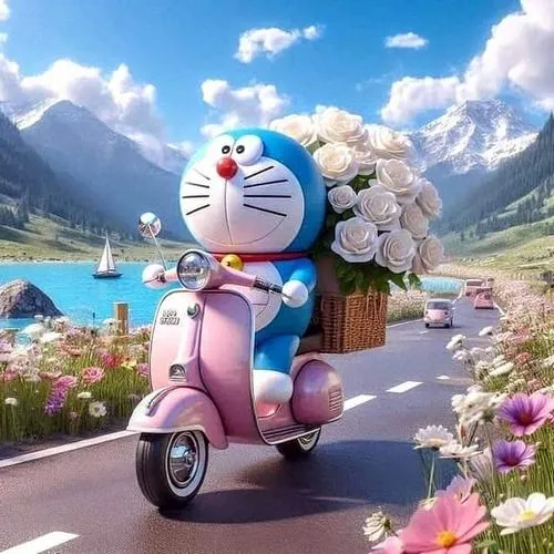Hình anime Doraemon chạy xe tay ga giữa thung lũng hoa, trời trong, hợp làm ảnh bìa