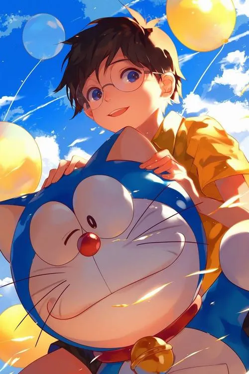 Ảnh fanart cậu bé ôm Doraemon khổng lồ, nắng sớm vàng, cảm giác thân thương, ấm áp