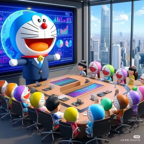 Tải ảnh Doraemon thuyết trình trong phòng họp, màn chiếu sáng, không khí hài hước dễ thương