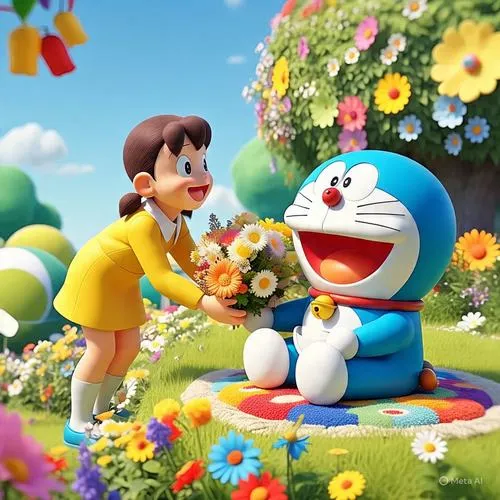 Ảnh bìa Nobita làm vườn cùng Chồn Xanh, hoa đủ màu, cảm giác đời thường trong trẻo