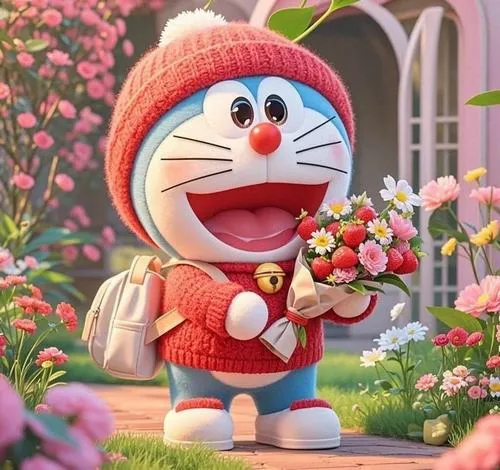 Hình nền điện thoại Doraemon đội mũ len đỏ, ôm bó hoa, tông ấm, hợp avatar mùa lạnh