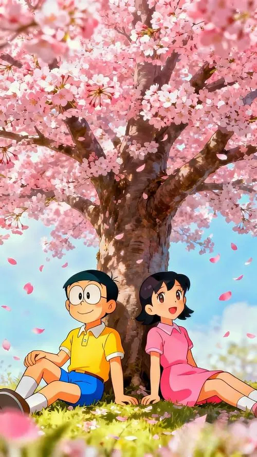 Ảnh bìa Dora và nhóm Nobita ngồi dưới sakura nở rộ, tông hồng nhẹ, rất êm