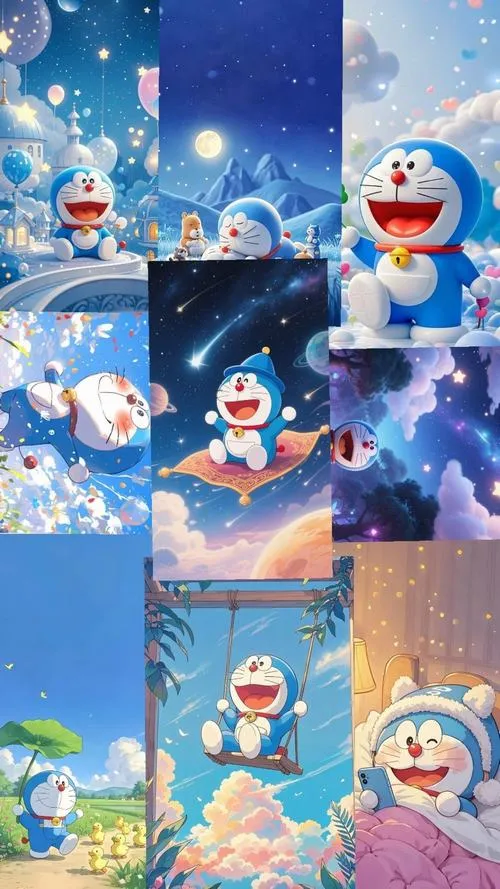 Ảnh fanart Doraemon dạng khung ghép, cảnh đêm lung linh, nhấn ánh sáng, nhìn rất đã
