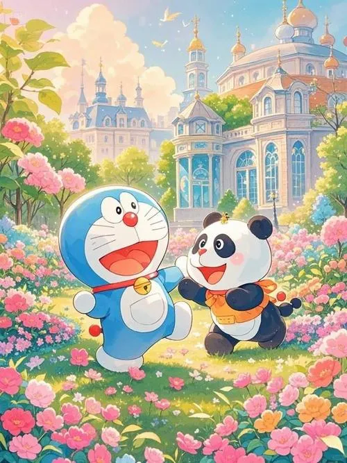 Hình nền đẹp Doraemon gặp gấu trúc giữa vườn hoa cạnh lâu đài, màu pastel trong trẻo