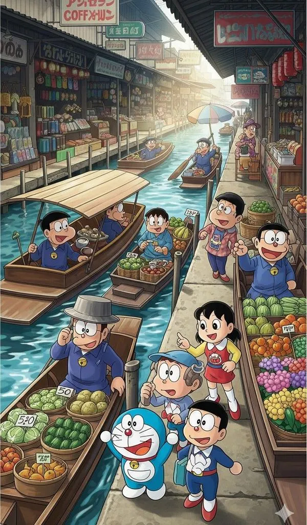 Hình 4K Doraemon cùng Nobita chạy qua phố đông, màu tươi, nền thoáng, hợp làm hình nền điện thoại