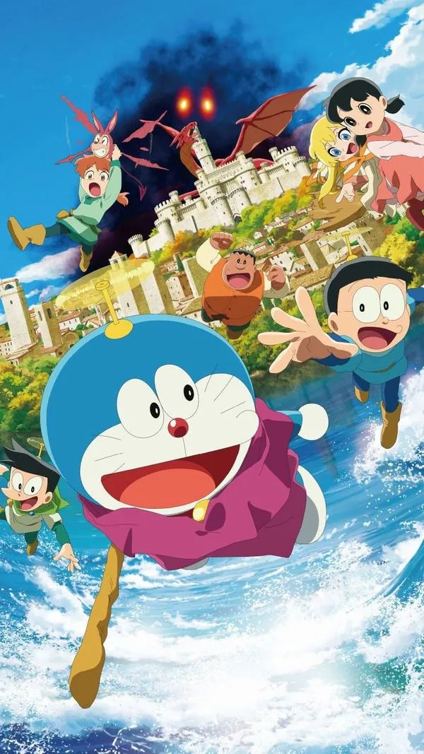 Ảnh fanart đẹp Chồn Xanh cùng Nobita leo núi tuyết, không khí phiêu lưu, nền trời trong xanh