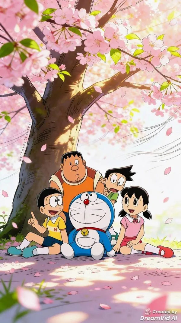 Ảnh fanart Dora và nhóm bạn ngồi dưới hoa anh đào, nền hồng nhẹ, bố cục gọn, rất thư thái