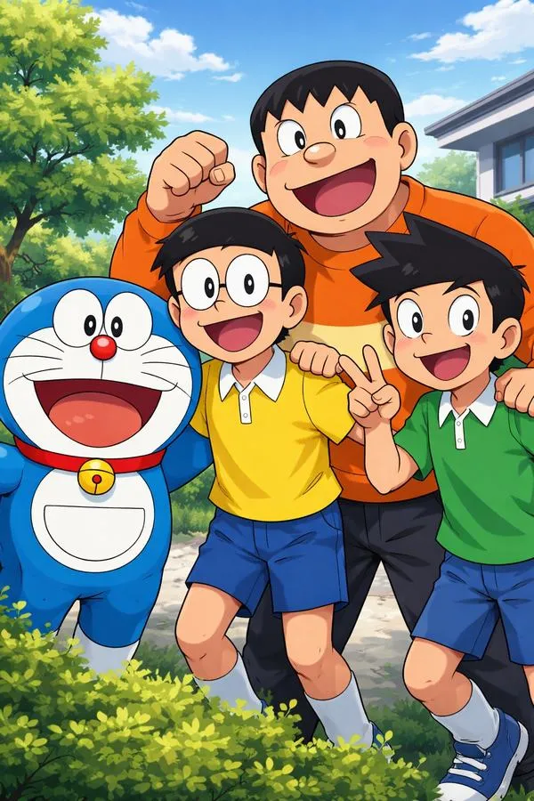 Ảnh bìa anime nhóm bạn chạy ngoài đồng cỏ, Dora mèo ú phía sau, màu tươi, nhìn phát vui