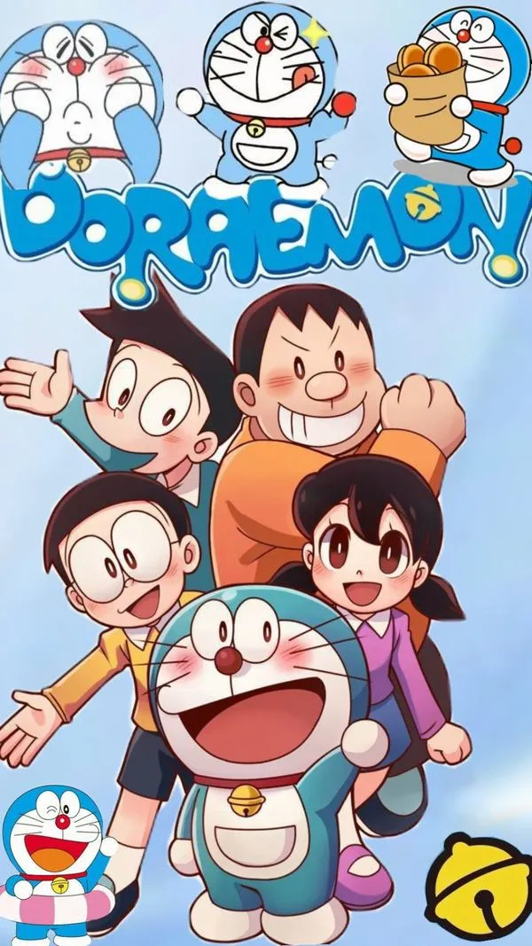 Ảnh bìa anime Đô Rê Mon cùng bạn bè tụ họp, vibe lễ hội vui, màu trong, không rối mắt