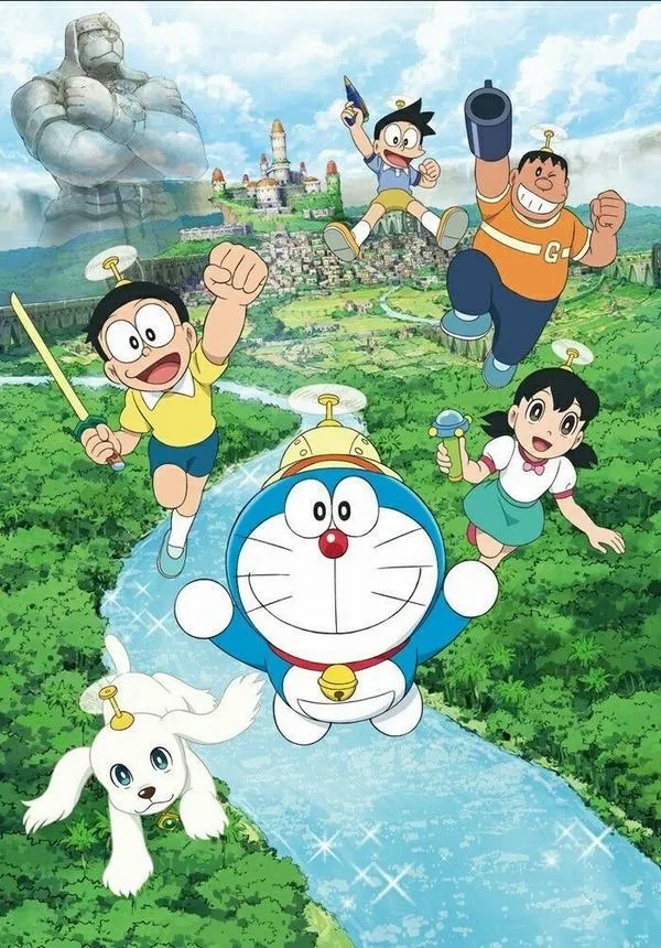 Hình đẹp Doraemon và các bạn nhảy qua suối, bối cảnh xanh mát, chi tiết rõ, hợp avatar nhóm