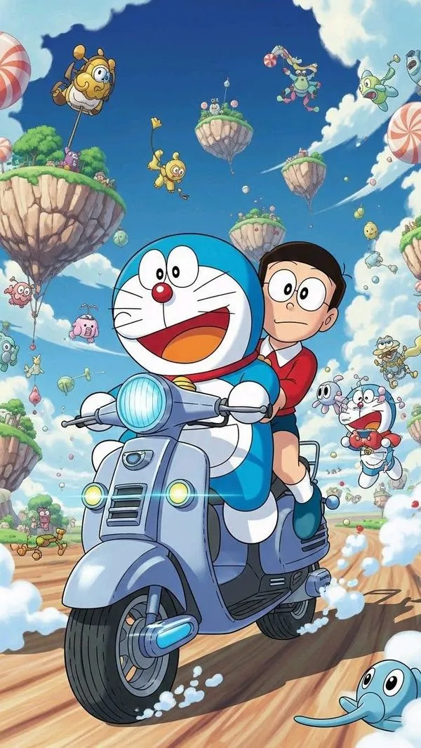 Hình nền 4K mèo máy tương lai lái xe dạo bầu trời, đảo bay phía sau, màu sáng, nét sạch