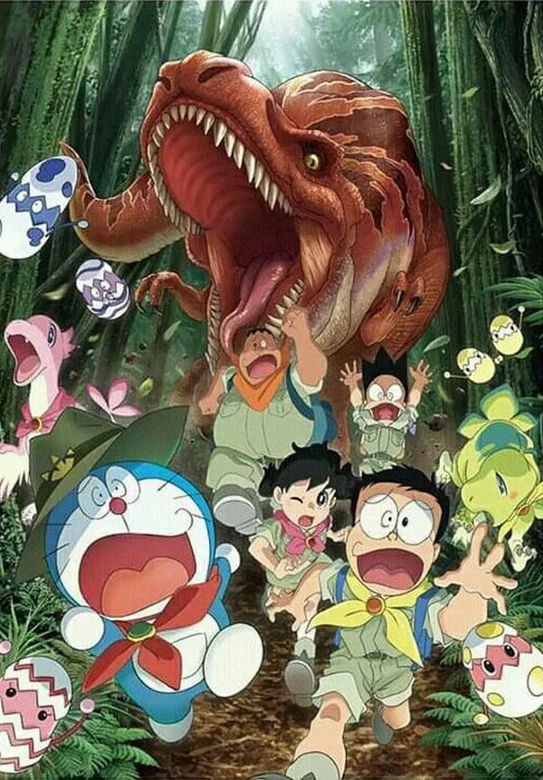 Ảnh ngầu Doraemon chạy trốn khủng long trong rừng, biểu cảm rõ, tương phản vừa, chuẩn 4K