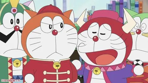 Hình nền nhóm Doraemon và Đội quân Mèo máy tụ họp, màu rực rỡ, vibe đoàn kết tuổi thơ