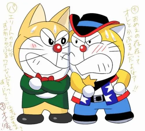 Ảnh Dora the Kid và Doraemon áp sát vai, nét vẽ mềm, hợp làm ảnh bìa tình bạn