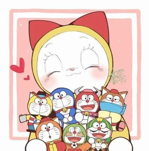 Tải ảnh Dorami mỉm cười trong khung hồng, phía dưới có Mini Dora, siêu dễ thương