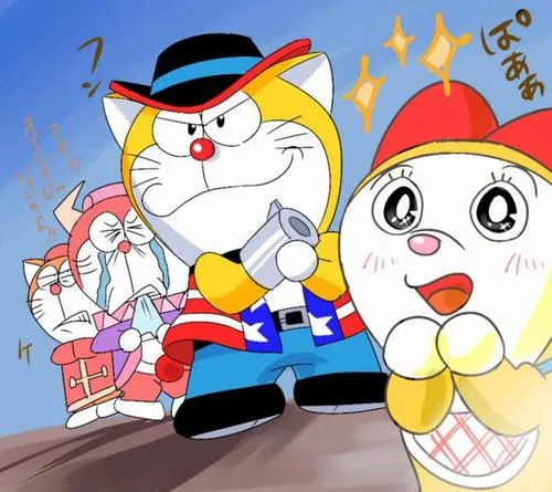 Ảnh fanart Dora the Kid đứng cạnh Dorami, nền xanh có sao, cảm giác thân thiết và vui