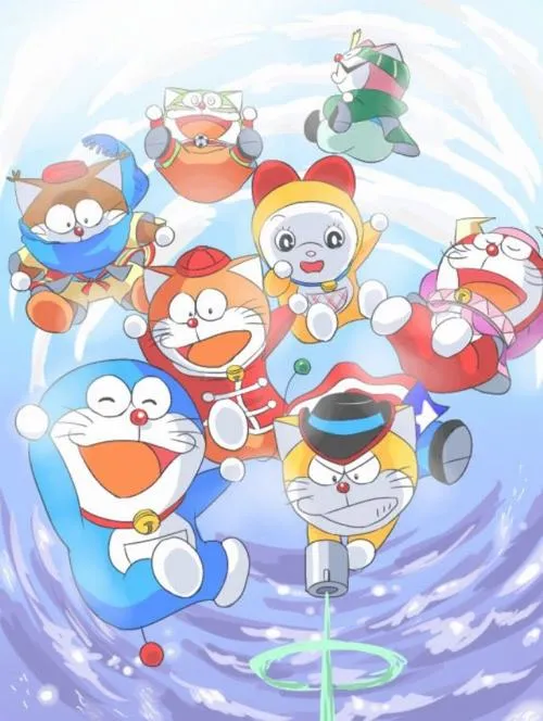 Hình nền anime nhóm Doraemon xoáy nước xanh, cảm giác phiêu lưu, hợp dùng bản 4K