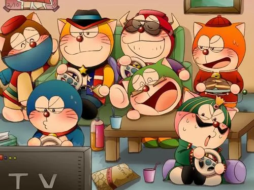 Ảnh nhóm Doraemon cùng Nobita và bạn bè trong cảnh sinh hoạt, màu ấm, nhìn thân quen dễ chịu