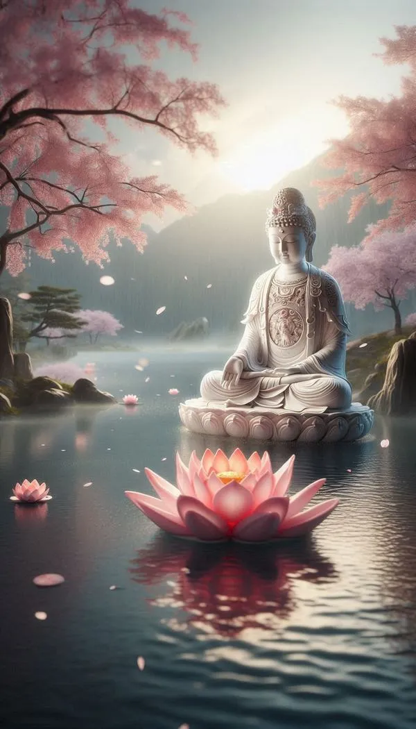 Hình nền điện thoại gương mặt Phật hiền, chuỗi hạt rơi nhẹ bên cánh sen, tông be ấm.