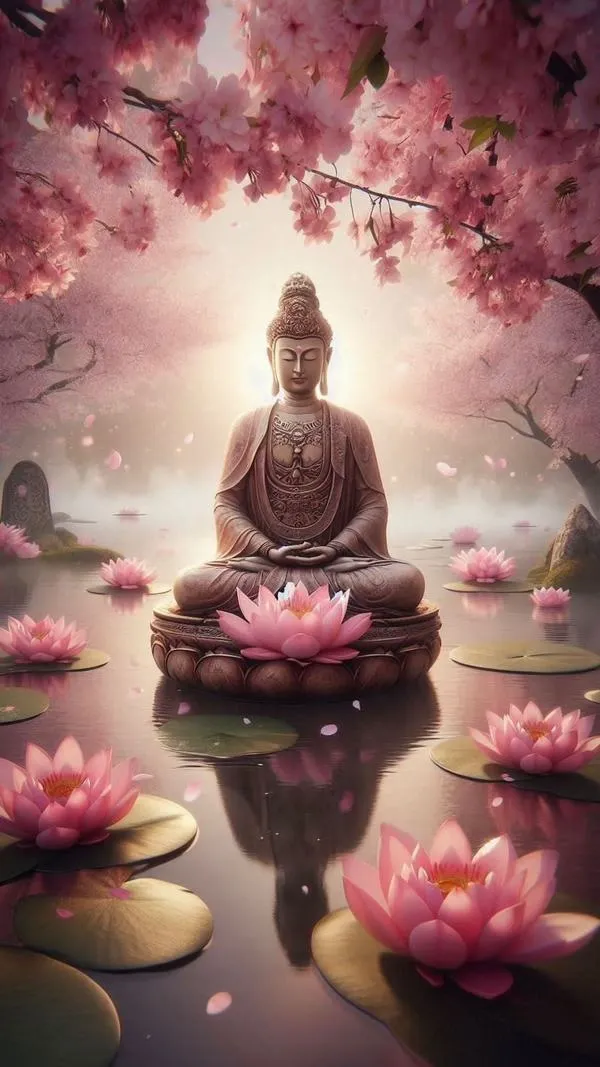 Wallpaper hoa sen và chữ Vạn nhỏ ở góc, nền vân mây mỏng, ánh sáng lan đều.